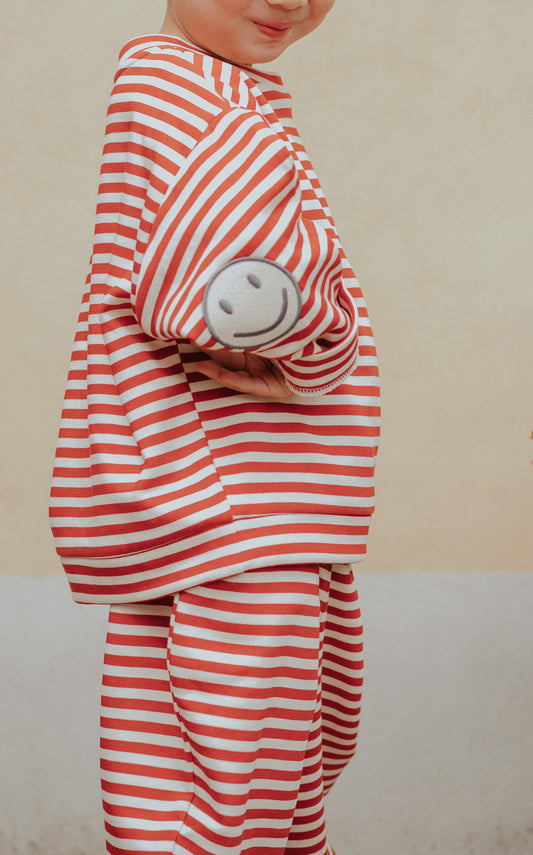 FLIINK ALVIN LS STRIPE SWEATSHIRT PULLOVER POMPEIAN RED/ SANDSHELL