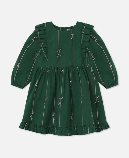 FLIINK BOWIE LS DRESS DRESS HUNTER GREEN BOW AOP