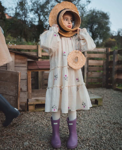 FLIINK DOBBY LS ROSE EMBR DRESS DRESS SANDSHELL