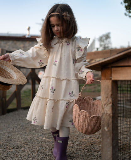 FLIINK DOBBY LS ROSE EMBR DRESS DRESS SANDSHELL