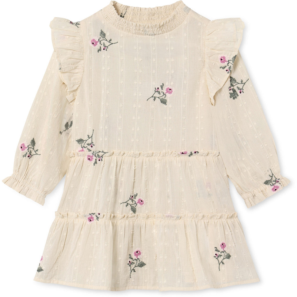 FLIINK DOBBY LS ROSE EMBR DRESS DRESS SANDSHELL