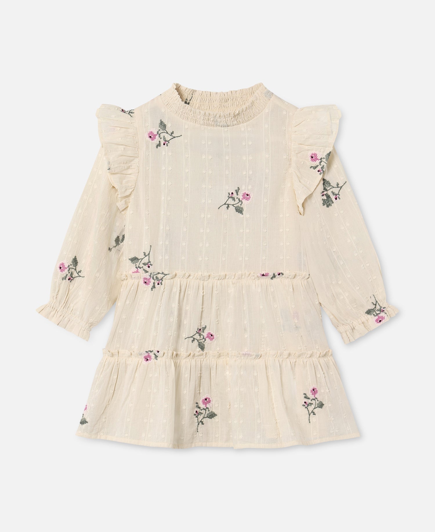 FLIINK DOBBY LS ROSE EMBR DRESS DRESS SANDSHELL