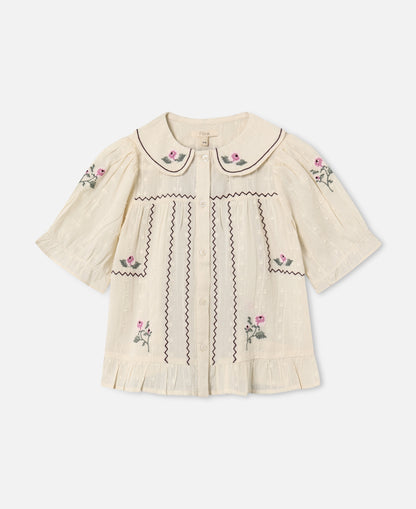 FLIINK DOBBY SS ROSE EMBR BLOUSE BLOUSE SANDSHELL