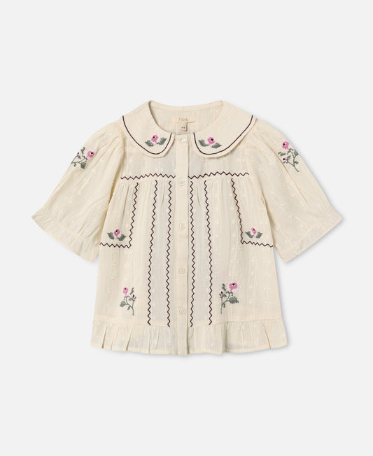 FLIINK DOBBY SS ROSE EMBR BLOUSE BLOUSE SANDSHELL