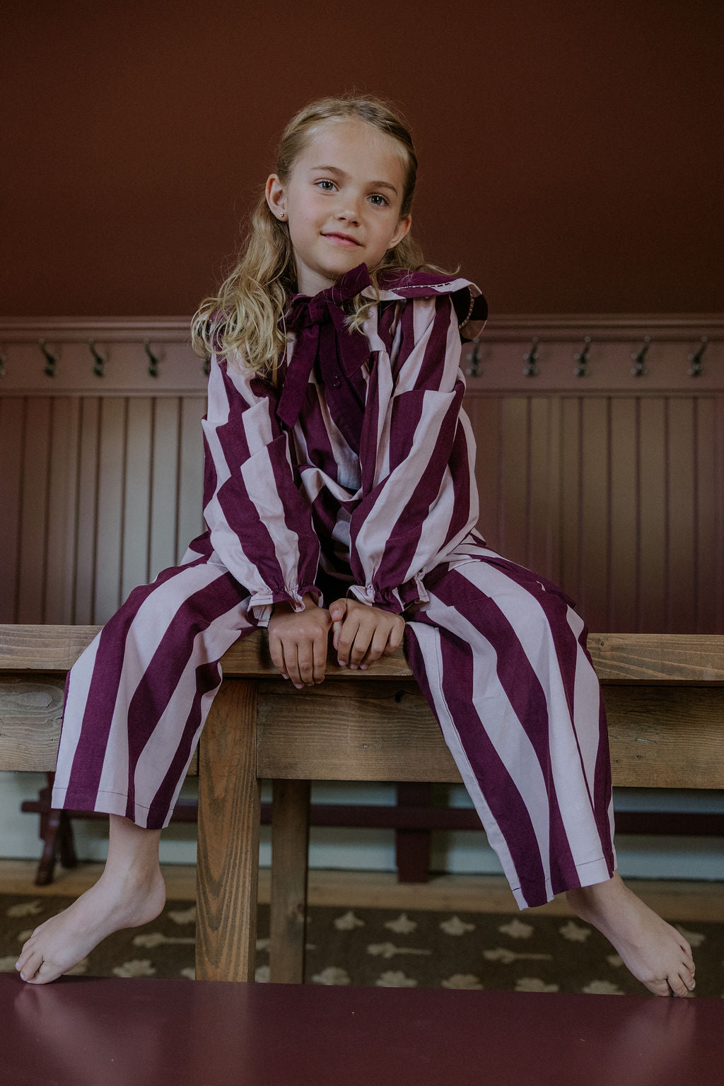 FLIINK DOLLY STRIPE COLLAR DRESS DRESS SMOKE ROSE/BURGUNDY STRIPE