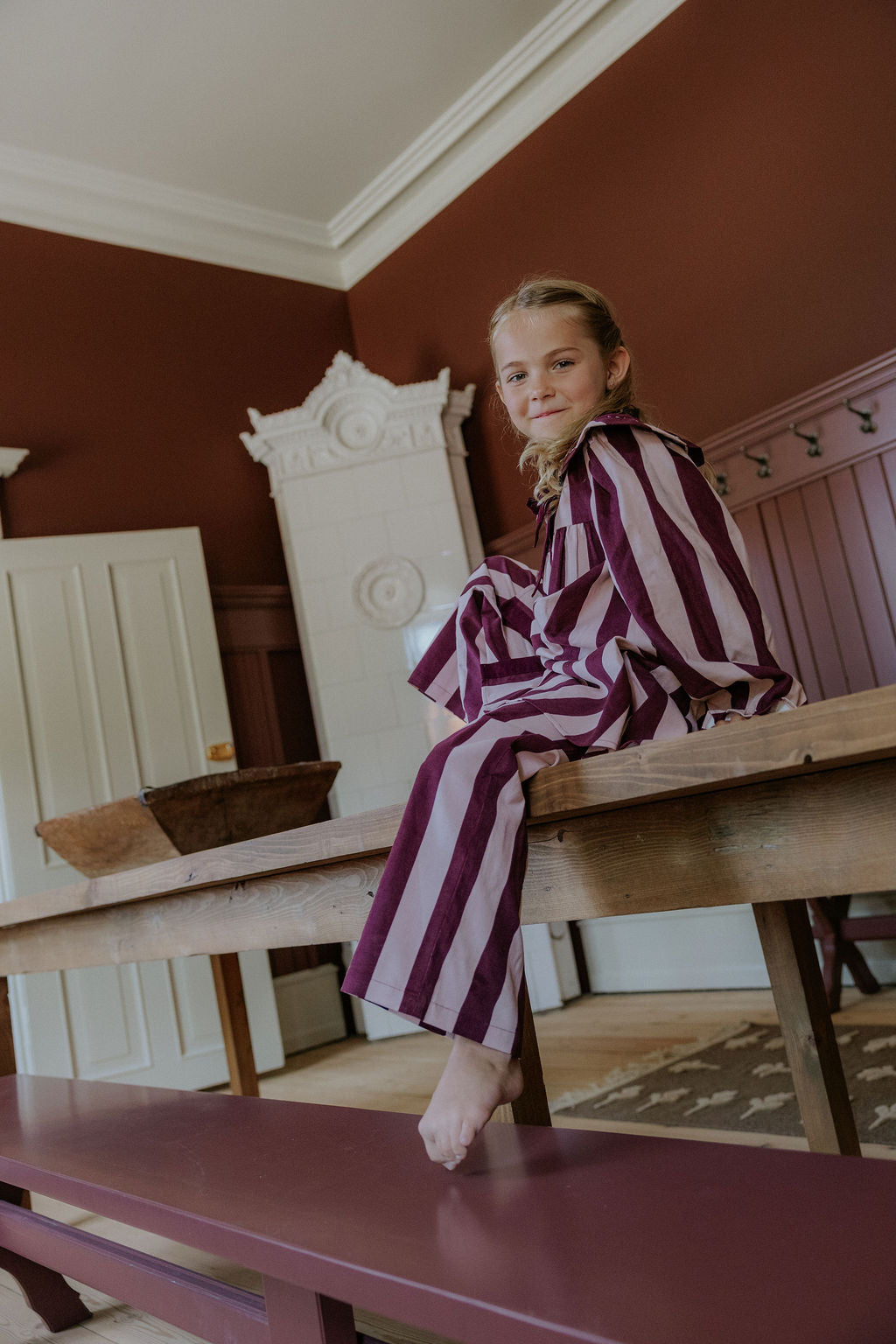 FLIINK DOLLY STRIPE COLLAR DRESS DRESS SMOKE ROSE/BURGUNDY STRIPE