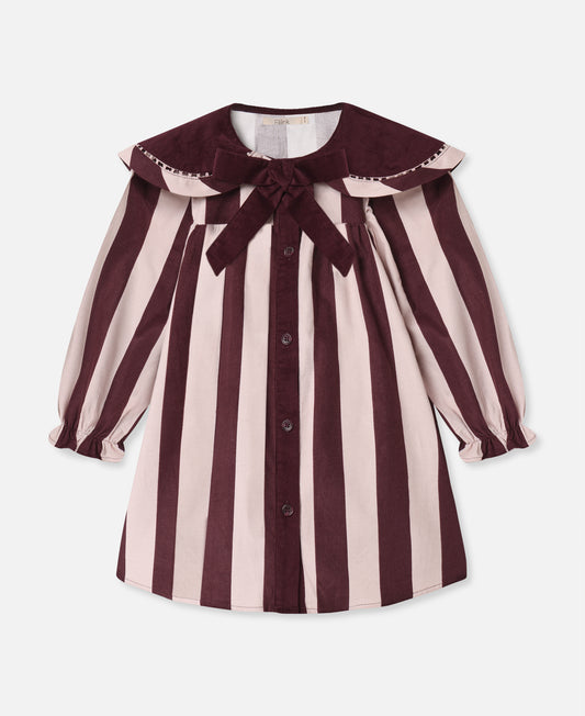 FLIINK DOLLY STRIPE COLLAR DRESS DRESS SMOKE ROSE/BURGUNDY STRIPE